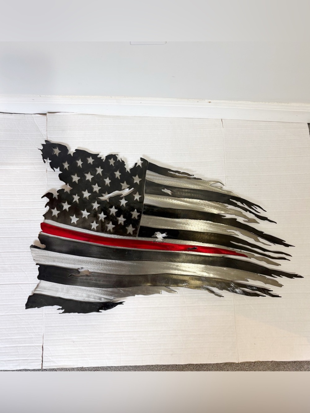 Firefighter Thin Red Line Tattered American Flag Polished High Gloss Metal Sign